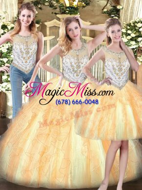 Custom Fit Gold Zipper Quinceanera Gowns Beading and Ruffles Sleeveless Floor Length