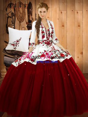 Inexpensive Floor Length Wine Red Sweet 16 Dresses Satin and Tulle Sleeveless Embroidery