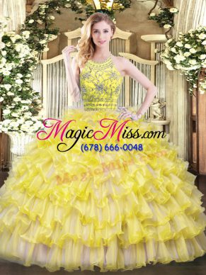 Adorable Halter Top Sleeveless Zipper Quinceanera Gown Yellow Green Tulle