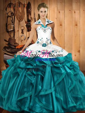 Unique Floor Length Ball Gowns Sleeveless Teal Quinceanera Dress Lace Up