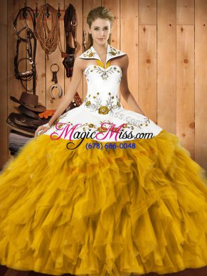 Halter Top Sleeveless Quince Ball Gowns Floor Length Embroidery and Ruffles Gold Satin and Organza