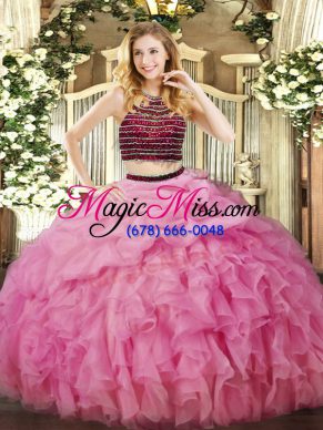 Ball Gowns Vestidos de Quinceanera Rose Pink Halter Top Organza Sleeveless Floor Length Zipper