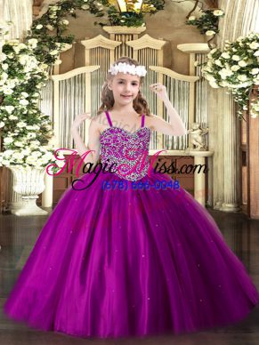 Fashion Fuchsia Sleeveless Beading Floor Length Little Girls Pageant Gowns