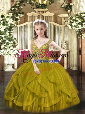 Popular Tulle V-neck Sleeveless Lace Up Beading and Ruffles Little Girl Pageant Dress in Olive Green