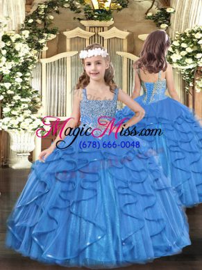 Glorious Baby Blue Sleeveless Beading and Ruffles Floor Length Kids Pageant Dress