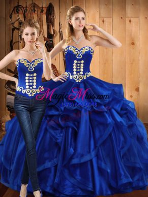 Nice Organza Sweetheart Sleeveless Lace Up Embroidery and Ruffles Quince Ball Gowns in Royal Blue