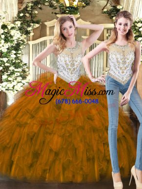 Fancy Brown Zipper Quinceanera Gowns Beading and Ruffles Sleeveless Floor Length