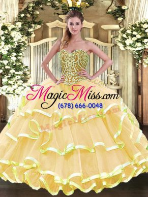 Sophisticated Sweetheart Sleeveless 15 Quinceanera Dress Floor Length Beading and Ruffled Layers Gold Organza