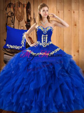 Graceful Blue Satin and Organza Lace Up Sweet 16 Quinceanera Dress Sleeveless Floor Length Embroidery and Ruffles