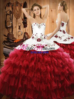 Luxurious Wine Red Organza Lace Up Sweetheart Sleeveless Floor Length Sweet 16 Quinceanera Dress Embroidery and Ruffled Layers