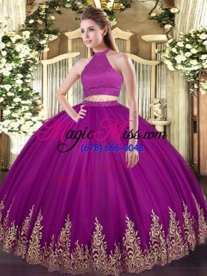 Noble Fuchsia Ball Gowns Tulle Halter Top Sleeveless Beading and Appliques Floor Length Backless Sweet 16 Dresses