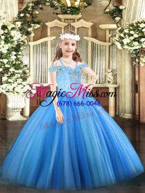 Sleeveless Tulle Floor Length Lace Up Pageant Gowns For Girls in Baby Blue with Beading