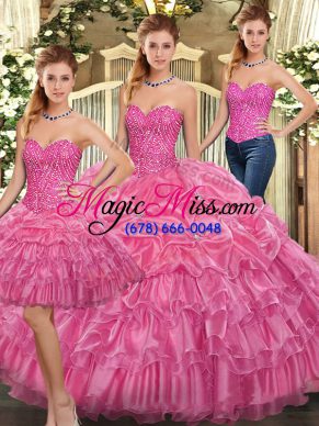 Sweetheart Sleeveless Organza Ball Gown Prom Dress Beading and Ruffles Lace Up