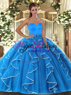 Edgy Aqua Blue Sleeveless Beading and Ruffles Floor Length Quince Ball Gowns