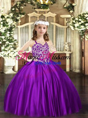 Purple Satin Lace Up Straps Sleeveless Floor Length Little Girls Pageant Dress Beading