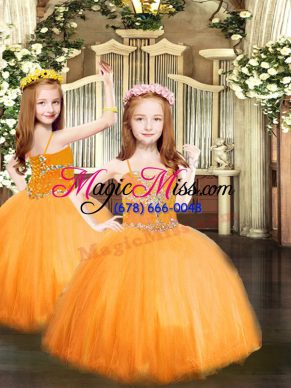 Glorious Ball Gowns Pageant Gowns For Girls Orange Spaghetti Straps Tulle Sleeveless Floor Length Lace Up