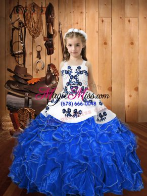 Fancy Blue Lace Up Little Girl Pageant Gowns Embroidery and Ruffles Sleeveless Floor Length