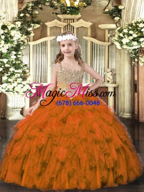 Sleeveless Floor Length Beading and Ruffles Lace Up Child Pageant Dress with Brown