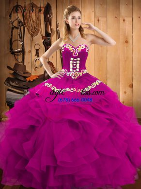 Embroidery and Ruffles 15th Birthday Dress Fuchsia Lace Up Sleeveless Floor Length