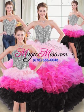 Multi-color Ball Gowns Organza Sweetheart Sleeveless Beading and Ruffles Floor Length Lace Up Quince Ball Gowns