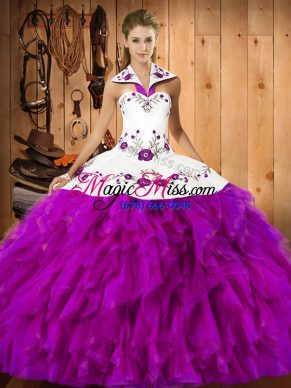 Fuchsia Sleeveless Satin and Organza Lace Up Ball Gown Prom Dress for Military Ball and Sweet 16 and Quinceanera