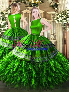 Spectacular Green Ball Gowns Ruffles Quinceanera Gown Clasp Handle Satin and Organza Sleeveless Floor Length