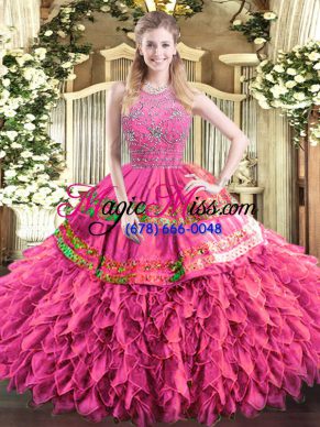 Fashion Hot Pink Tulle Zipper Halter Top Sleeveless Floor Length 15 Quinceanera Dress Beading and Ruffles and Sequins