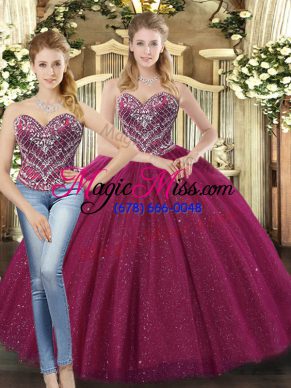 Floor Length Fuchsia 15th Birthday Dress Tulle Sleeveless Beading