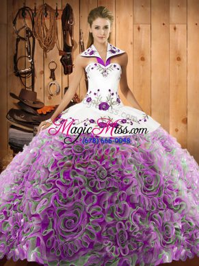 Fantastic Multi-color Fabric With Rolling Flowers Lace Up Halter Top Sleeveless Ball Gown Prom Dress Sweep Train Embroidery