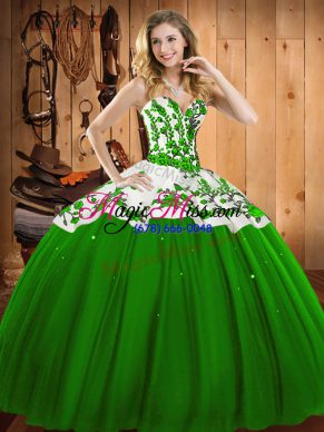 Chic Sleeveless Satin and Tulle Floor Length Lace Up Quinceanera Gowns in Green with Appliques and Embroidery