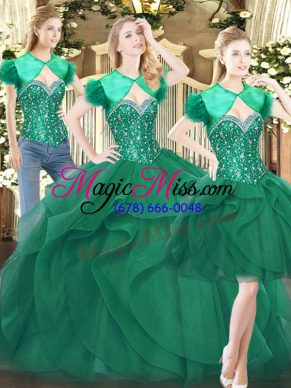 Simple Beading and Ruffles Quinceanera Dress Dark Green Lace Up Sleeveless Floor Length