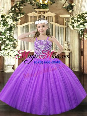 Lavender Lace Up Little Girls Pageant Dress Wholesale Beading Sleeveless Floor Length