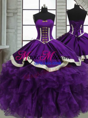 Purple Ball Gowns Satin and Organza Sweetheart Sleeveless Beading and Ruffles Floor Length Lace Up Sweet 16 Quinceanera Dress