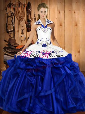 Extravagant Royal Blue Satin and Organza Lace Up Halter Top Sleeveless Floor Length Quinceanera Gowns Embroidery and Ruffles