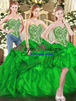 Green Sweetheart Neckline Beading and Ruffles Ball Gown Prom Dress Sleeveless Lace Up