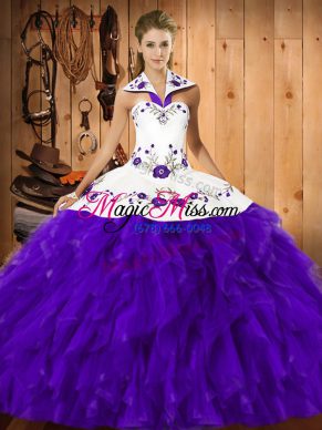 Colorful Satin and Organza Halter Top Sleeveless Lace Up Embroidery and Ruffles Quinceanera Gowns in Purple