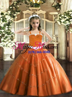 Customized Straps Sleeveless Girls Pageant Dresses Floor Length Appliques Rust Red Tulle