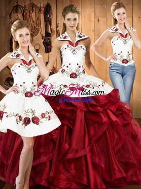 Adorable Sleeveless Floor Length Embroidery and Ruffles Lace Up 15th Birthday Dress with Wine Red