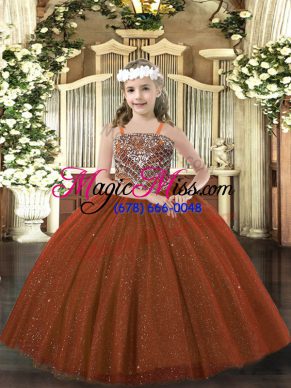 Rust Red Sleeveless Beading Floor Length Kids Pageant Dress