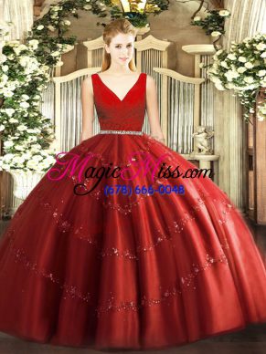 Colorful Wine Red Zipper Quince Ball Gowns Beading Sleeveless Floor Length