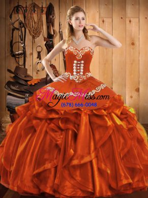 Superior Rust Red Satin and Organza Lace Up Sweetheart Sleeveless Floor Length Vestidos de Quinceanera Embroidery and Ruffles