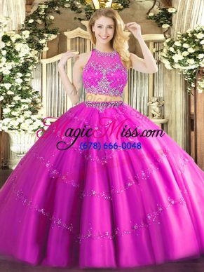 Fuchsia Tulle Zipper Quinceanera Dress Sleeveless Floor Length Beading