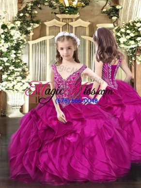 Sleeveless Lace Up Floor Length Beading and Ruffles Girls Pageant Dresses