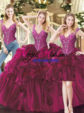 Smart Fuchsia Organza Lace Up V-neck Sleeveless Floor Length Sweet 16 Dresses Beading and Ruffles