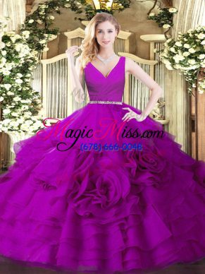 Exceptional Sleeveless Floor Length Beading Zipper Sweet 16 Dress with Fuchsia