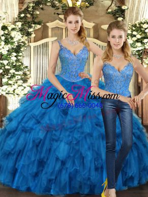 Flirting Floor Length Lace Up Quinceanera Dress Teal for Military Ball and Sweet 16 and Quinceanera with Beading and Ruffles