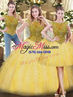 Excellent Gold Scoop Neckline Beading and Ruffles Ball Gown Prom Dress Sleeveless Zipper