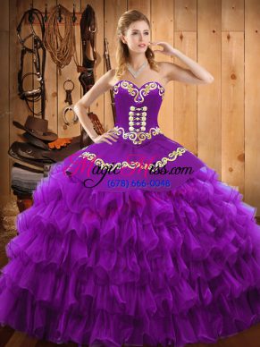 Glorious Purple Lace Up Quinceanera Dress Embroidery and Ruffled Layers Sleeveless Floor Length