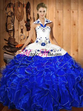 Blue And White Ball Gowns Satin and Organza Halter Top Sleeveless Embroidery and Ruffles Floor Length Lace Up Quinceanera Gown