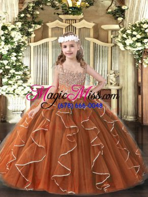 Floor Length Brown Little Girl Pageant Gowns Straps Sleeveless Lace Up